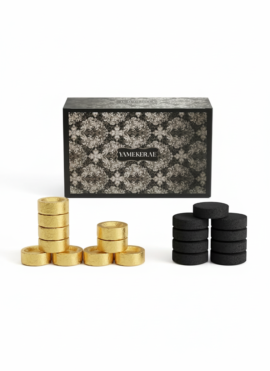 Golden Quick Light Charcoal Discs 33mm for Bakhoor  – 80 Charcoal Tablets with 8 Black Bakhoor Majlis Fragrance (Cinnamon Honey, Black Orchid, Patchouli & Sandalwood Oud) Long Lasting Arabian Aroma
