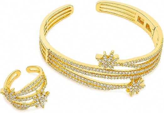 Gold Plated Bracelet & Ring Set for Women | Lock Design Adjustable Bangle & Ring | Sparkling CZ Stones | Fashion Jewellery for Party, Wedding, Engagement & Gift
