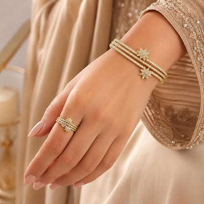 Gold Plated Bracelet & Ring Set for Women | Lock Design Adjustable Bangle & Ring | Sparkling CZ Stones | Fashion Jewellery for Party, Wedding, Engagement & Gift