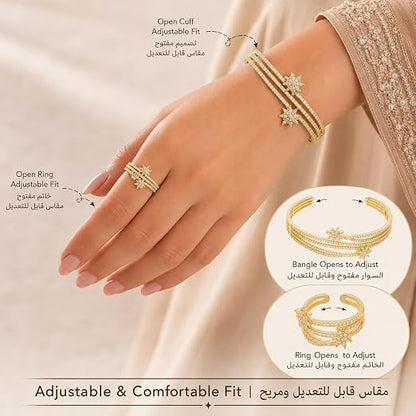 Gold Plated Bracelet & Ring Set for Women | Lock Design Adjustable Bangle & Ring | Sparkling CZ Stones | Fashion Jewellery for Party, Wedding, Engagement & Gift