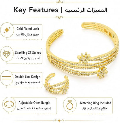 Gold Plated Bracelet & Ring Set for Women | Lock Design Adjustable Bangle & Ring | Sparkling CZ Stones | Fashion Jewellery for Party, Wedding, Engagement & Gift